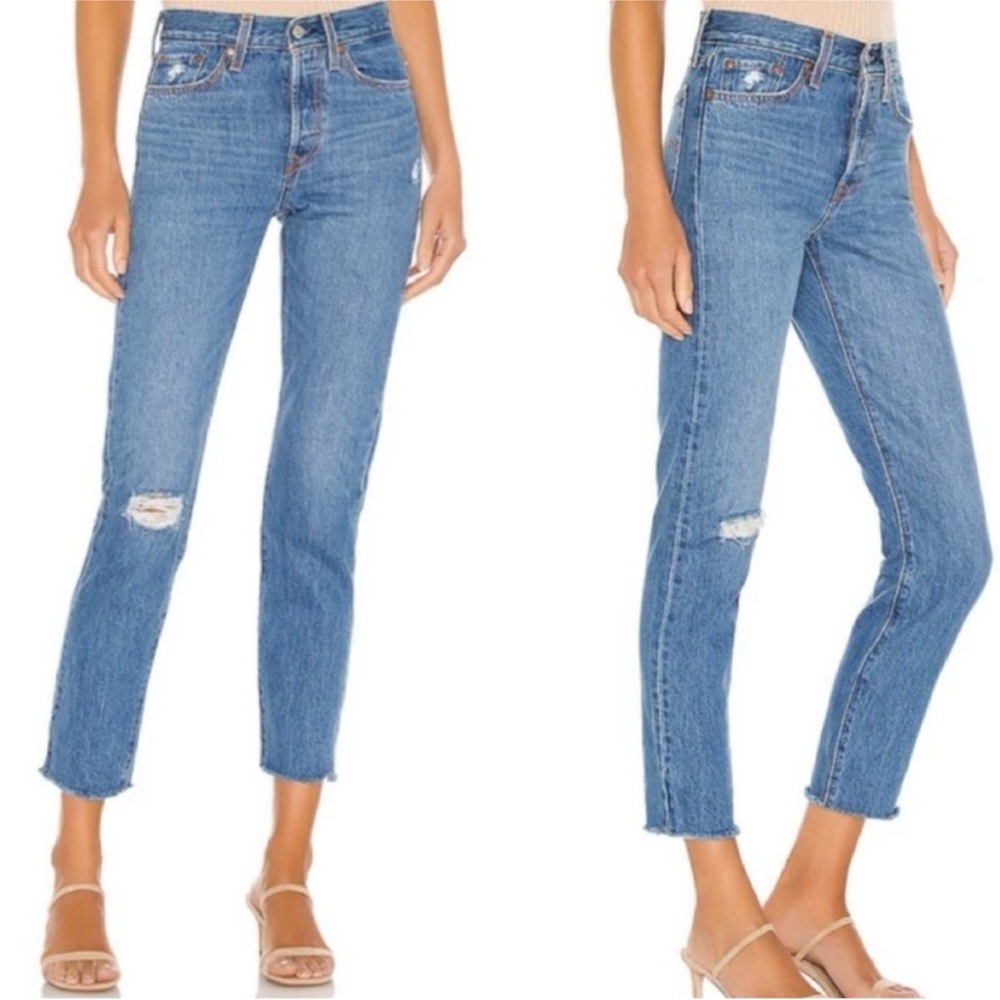 Levi’s Wedgie Straight High Waist Classic Blue Distressed Jeans Raw Ankle Hem